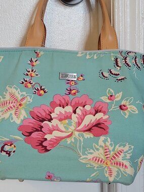 Pierre Deux, floral print tote, leather handles, blue/pink/white, silver, spring